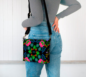 NEW 2024 Vegan Leather Crossbody Purse, Metis Beadwork Printed Design, Black with Beadwork Pattern, By Phyllis Poitras-Jarrett