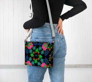 NEW 2024 Vegan Leather Crossbody Purse, Metis Beadwork Printed Design, Black with Beadwork Pattern, By Phyllis Poitras-Jarrett