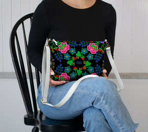 NEW 2024 Vegan Leather Crossbody Purse, Metis Beadwork Printed Design, Black with Beadwork Pattern, By Phyllis Poitras-Jarrett