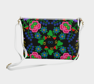 NEW 2024 Vegan Leather Crossbody Purse, Metis Beadwork Printed Design, Black with Beadwork Pattern, By Phyllis Poitras-Jarrett