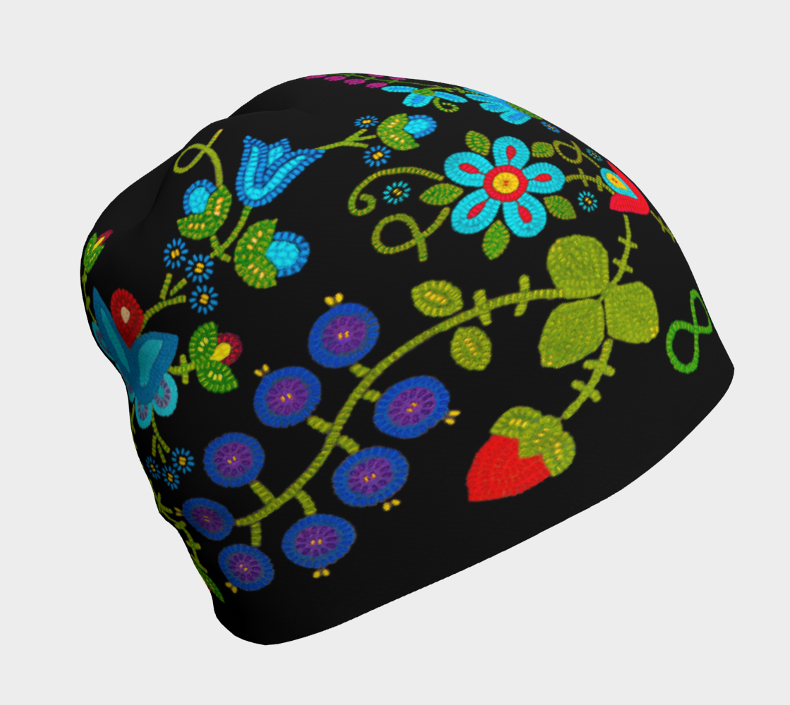Metis Spirit Beanie Hat, Berry & Flower Beadwork Hat Design